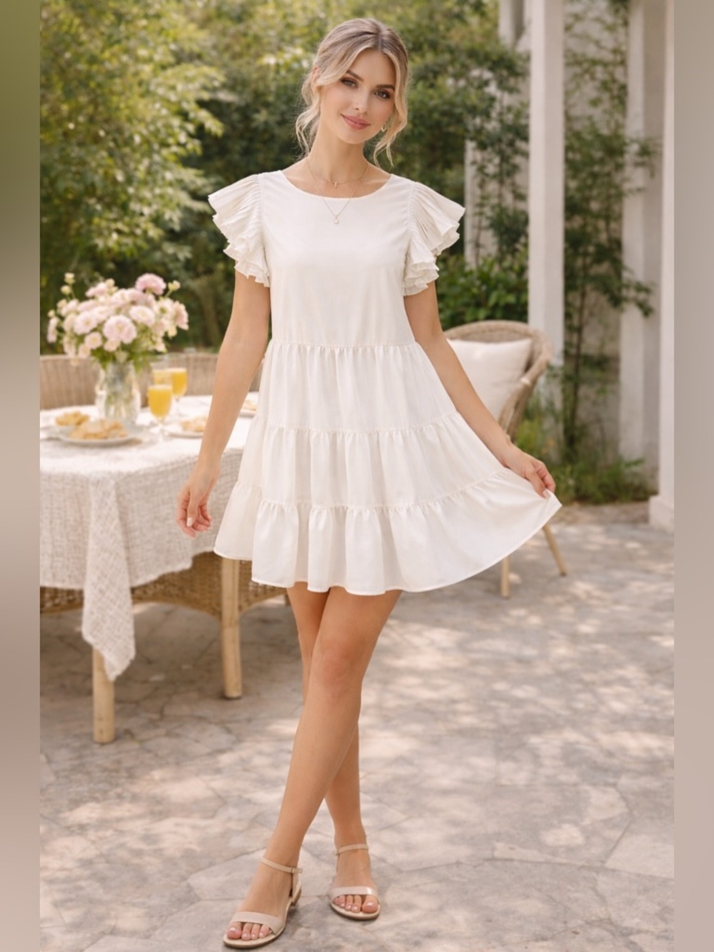 She + Sky White Tiered Dress M Pleated‎ Flutter Sleeve Flowy Lined Romantic